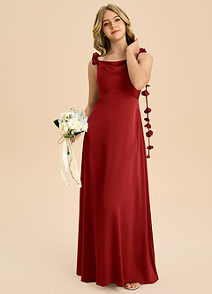 Azazie Gumdrop Junior 엠파이어 주름진 스트레치 새틴 플로어 길이 주니어 신부 들러리 드레스 image2