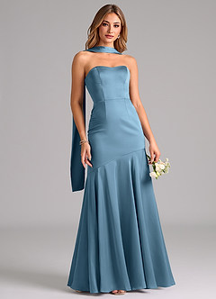 Azazie Shiloh Vestidos de damas de honor Vestido de Azul Acero de Satén Elástico de Corte Sirena Convertible con Sin tirantes image5