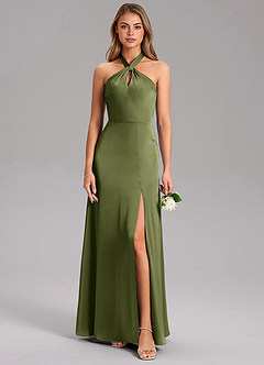 Azazie Tracie Bridesmaid Dresses Olive A-Line Side Slit Stretch Satin Dress image3