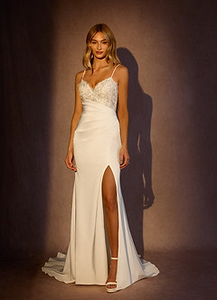 Azazie Nyx Robes de mariée Robe Sirène en Satin extensible Col V à paillettes Diamant Nude image2