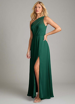 Azazie Phaedra Vestidos de damas de honor Vestido de Esmeralda de Gasa de Corte en A con Hombro unilateral image5