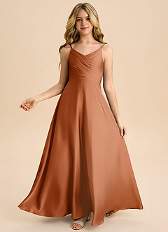 Azazie Bug Junior Abito A-Line in Raso Elasticizzato Plissettato Rame image2