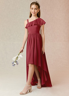 Azazie Mango Junior A-Linie Gestreift Chiffon Kleid Granatapfelrot image3