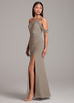 Azazie Wynter Bridesmaid Dresses Taupe Sheath Off the Shoulder Chiffon Dress image3