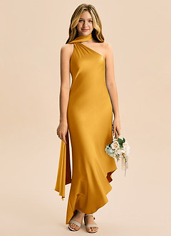 Azazie Briony Junior Butterscotch Sheath Pleated Stretch Satin Dress image5