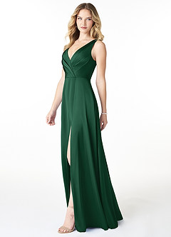 Azazie Nelly Bridesmaid Dresses Dark Green A-Line V-Neck Pleated Stretch Satin Dress image3