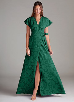 Azazie Ling Bridesmaid Dresses Emerald A-Line Pleated Floral Burnout Dress image1