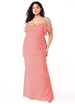 Azazie Emeralda Brautjungfernkleider Etui Schulterfrei Chiffon Kleid Koralle image7
