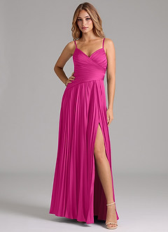 Azazie Vini Bridesmaid Dresses Fuchsia A-Line Pleated Stretch Satin Dress image3