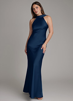 Azazie Dimitra Bridesmaid Dresses Dark Navy A-Line Pleated Stretch Satin Dress image1