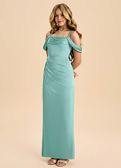 Azazie Saige Junior Aqua Sheath Off the Shoulder Stretch Satin Dress image1