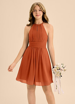 Azazie Bonnie Junior A-Linie Plissee Chiffon Kleid Gebranntes Orange image3