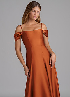 Azazie Seriana Bridesmaid Dresses Cinnamon A-Line Off the Shoulder Stretch Satin Convertible Dress image2