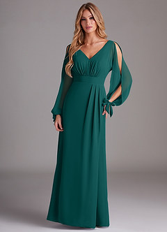 Azazie Matilda Bridesmaid Dresses Peacock A-Line Long Sleeve Chiffon Dress image3