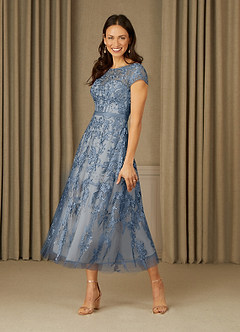 Azazie Sanna Mother of the Bride Dresses Dusty Blue Champagne A-Line Scoop Lace Tulle Dress image3