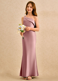 Azazie Almond Girls Formal vestidos de niña de las flores Vestido de Rosa Polvorienta de Satén Elástico de Corte Recto con Hombro unilateral image3