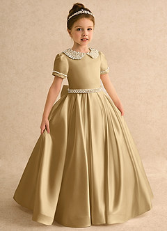 Azazie Gabriella Flower Girl Dresses Gold Ball-Gown with Sleeves Matte Satin Dress image5
