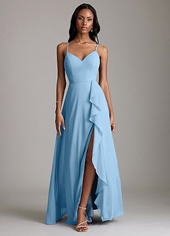 Azazie Naeem Bridesmaid Dresses Steel Blue A-Line V-Neck Ruffle Chiffon Dress image1