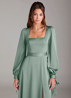 Azazie Leonia Jurken voor bruidsmeisjes Jurk van Stretch Satijn met A-Lijn Lange mouw Zilveren Salie image6