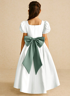 Azazie Zippy Flower Girl Dresses Ivory Eucalyptus A-Line with Sleeves Matte Satin Dress image5