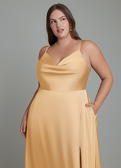 Azazie Sarella Bridesmaid Dresses Gold A-Line Pleated Stretch Satin Dress image8
