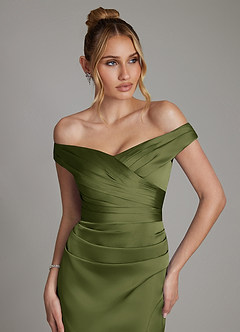 Azazie Teyana Bridesmaid Dresses Olive Sheath Off the Shoulder Stretch Satin Dress image2