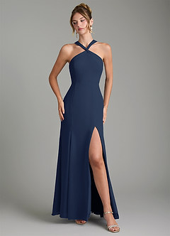 Azazie Rue Bridesmaid Dresses Dark Navy A-Line Halter Chiffon Dress image4