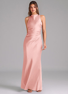 Azazie Evadne 신부 들러리 드레스 쉬스 주름진 스트레치 새틴 바닥 길이 드레스 image3