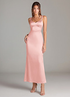Azazie Denice Bridesmaid Dresses Powder Pink Sheath Pleated Stretch Satin Dress image3