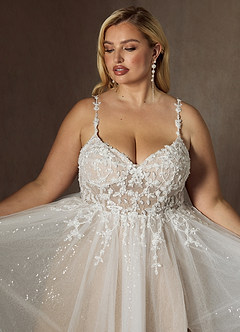 Azazie Florian Hochzeitskleider A-Linie V-Hals Pailletten Tüll Kleid Diamantweiß Nude image12