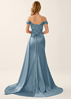 Helia Staubblau Off-Shoulder Korsett Gerafft Satin Meerjungfrau Kleid image2