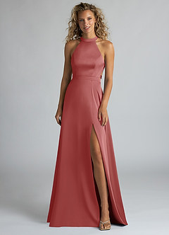 Azazie Clarice Bridesmaid Dresses Antique Rose A-Line High Neck Stretch Satin Dress image4