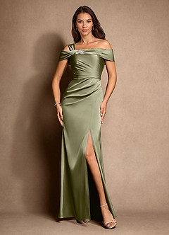 Azazie Altonia Mother of the Bride Dresses Pistachio Mermaid Off the Shoulder Stretch Satin Dress image4