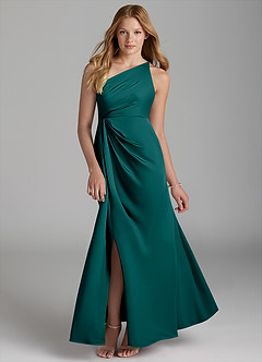 Azazie Mika Junior Robe Trapèze en Satin extensible Plissée Paon image1