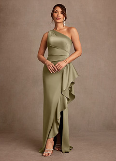 Azazie Yvette vestidos de madre de la novia Vestido de Musgo Verde de Satén Elástico de Corte Recto con Hombro unilateral image1