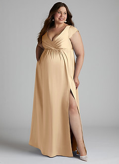 Azazie Allessia Vestidos de dama de honra para maternidade Vestir Linha A Plissado Comprimento do chão Cetim elástico image10
