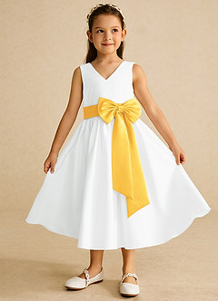 Azazie Darling Flower Girl Dresses Ivory Marigold A-Line Bow Cotton Dress image2