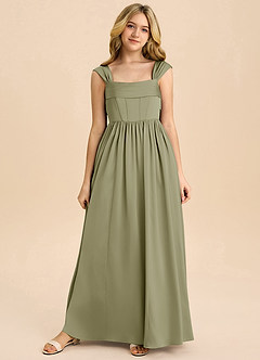 Azazie Hattie Junior Abito A-Line in Raso Elasticizzato Plissettato Pistacchio image8