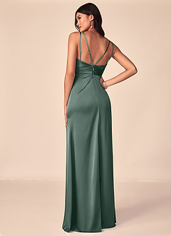 Azazie Aqua Robes de demoiselle d'honneur Robe Trapèze en Satin extensible Col V plissé Mousse De Mer image2