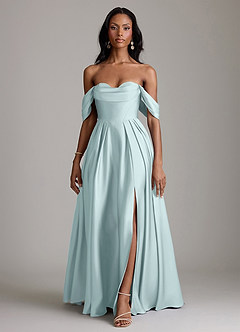 Azazie Loisa Abiti da Damigella Abito A-Line in Raso Elasticizzato a Spalla Scoperta Nebbia image13