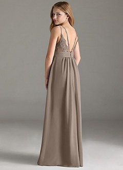 Azazie Maren Allure Junior Taupe A-Line Lace Chiffon Dress image2