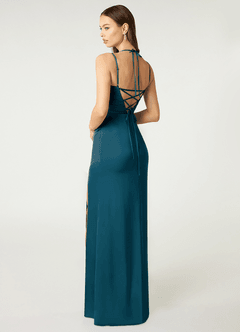 Azazie Desi Vestidos de damas de honor Vestido de Azul Tinta de Satén Elástico de Corte Recto con Corsé Halter image5