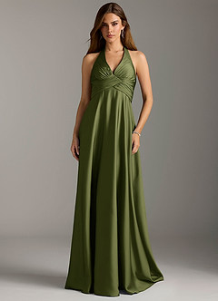 Azazie Tessie Bridesmaid Dresses Olive A-Line Pleated Stretch Satin Dress image3