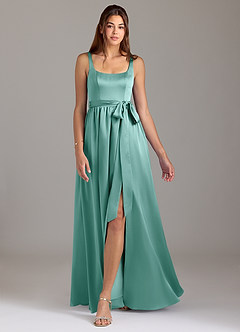Azazie Elliott Bridesmaid Dresses Aqua A-Line with Pockets Stretch Satin Dress image5