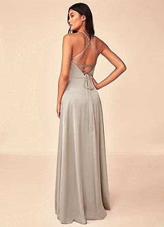 Azazie Mei Bridesmaid Dresses Frost A-Line V-Neck Stretch Satin Dress image2