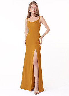 Azazie Salma Bridesmaid Dresses Butterscotch Sheath Side Slit Chiffon Dress image1