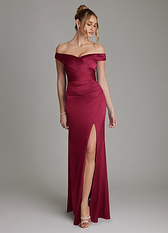 Azazie Teyana Bridesmaid Dresses Burgundy Sheath Off the Shoulder Stretch Satin Dress image1