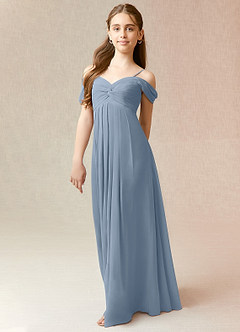 Azazie Kaitlynn Junior Dusty Blue A-Line Off the Shoulder Chiffon Dress image4