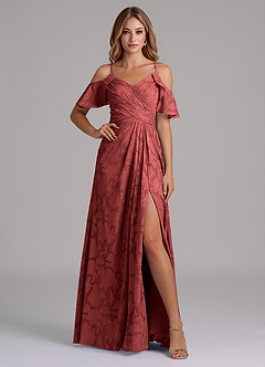 Azazie Dakota Bridesmaid Dresses Terracotta A-Line Off the Shoulder Floral Burnout Dress image1
