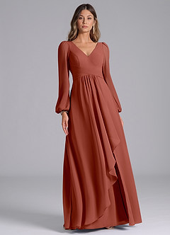Azazie Liah Bridesmaid Dresses Auburn A-Line Long Sleeve Chiffon Dress image3